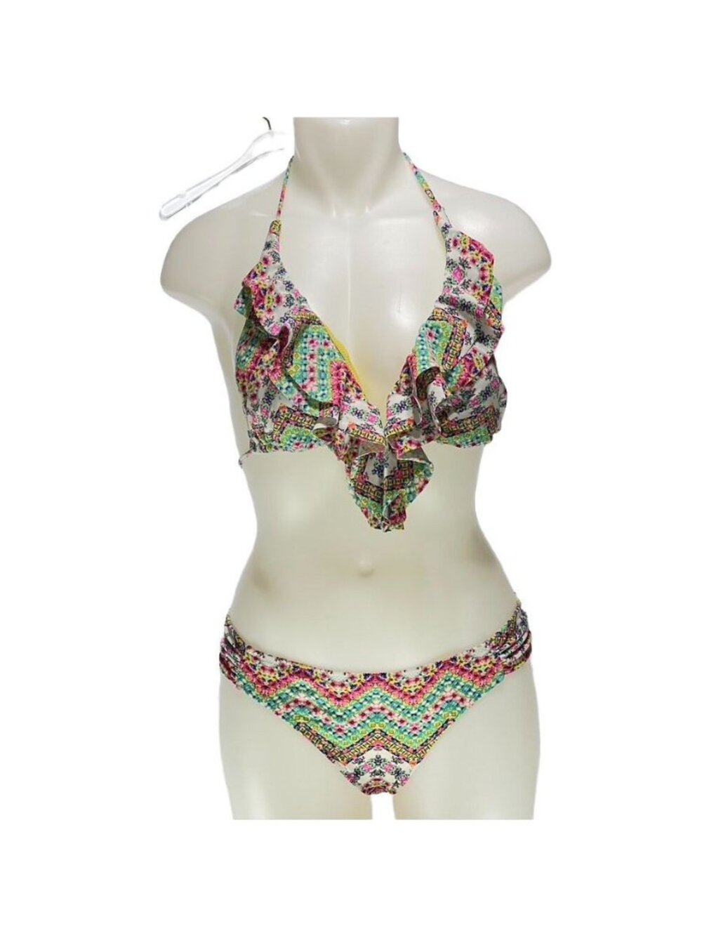 Floral & Chevron Ruffle Bikini Set With Halter Top & Side-Ruched Bottoms Multico